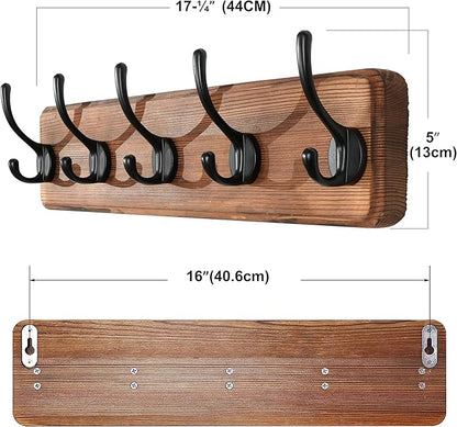 SKOLOO Rustic Wall Mounted Coat Rack, Case of 2, Pine Solid Wood Coat Hook Hanger - 5 Hooks for Hanging Clothes Robes Towels Coats
