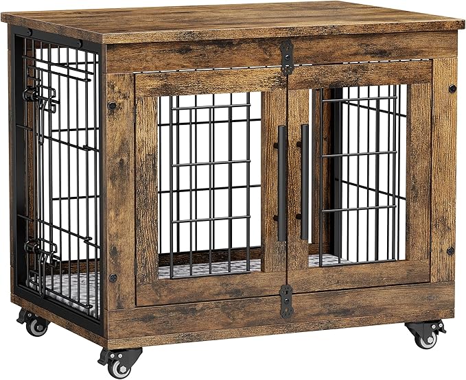 Lulive Small Dog Crate Furniture, Dog Kennel Indoor Double Doors Wooden Dog Cage, 27.1'' Heavy Duty Dog Crate with Cushion & Wheels, Decorative End Table Pet House Chew-Resistant for Small Dogs, Brown-Mewly Pet