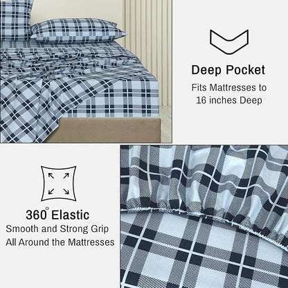 RUVANTI Flannel Sheets Twin Size - 100% Cotton Double Brushed Twin Sheets Set, Deep Pockets 16 Inches, All Seasons Breathable & Extra Soft Bed Sheets, Warm & Cozy, 3 Piece, Illusion Check