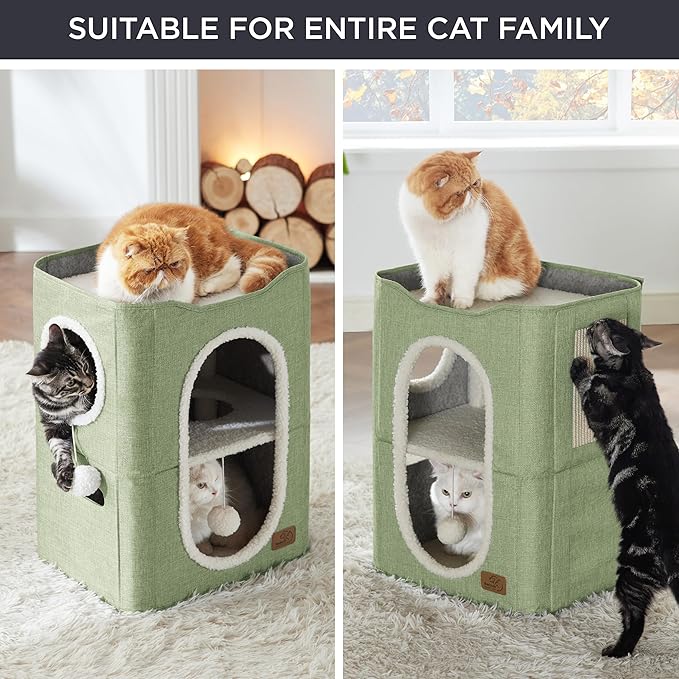 Bedsure 2 Story Cat House - Cat Condos for Indoor Cats with Scratch Pad and Fluffy Ball Hanging, Small Pet Cave Furniture Hideaway for Multi Pets, 18x14x23 inches, Green-Mewly Pet