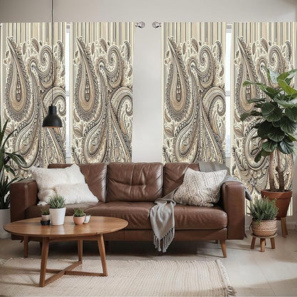 Ambesonne Paisley Window Curtains Pack of 2, Delicate Bohemian Leafy Motives on Stripes in Neutral Muted Colors, Lightweight Set with Rod Pocket, 4 Panels of - 28" x 95", Warm Taupe Ivory and Sepia