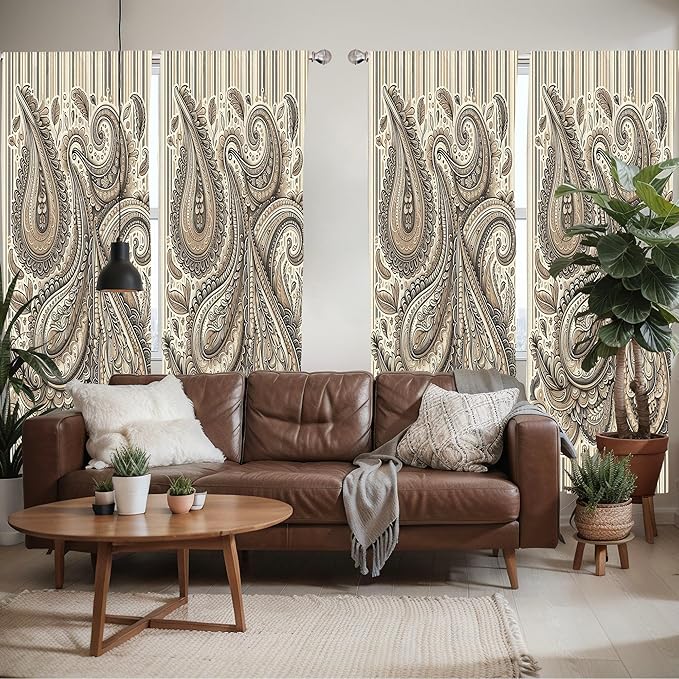 Ambesonne Paisley Window Curtains Pack of 2, Delicate Bohemian Leafy Motives on Stripes in Neutral Muted Colors, Lightweight Set with Rod Pocket, 4 Panels of - 28" x 63", Warm Taupe Ivory and Sepia