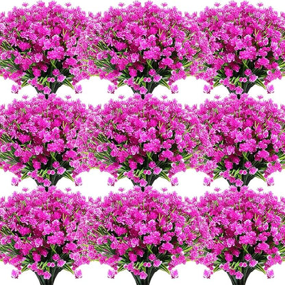 Hoteam 40 Bundles Outdoor Artificial Flowers Plants UV Resistant Outside Faux Flowers Plastic Fake Plants Outdoor Summer Fall Four Seasons Decoration Shrubs Garden Porch, Purple Red