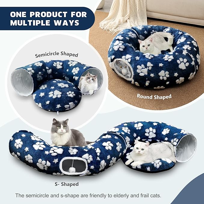 Cat Tunnel for Indoor Cats, Cute Peekaboo Cat Cave with Dangling Balls, Pet Donut Tunnel Bed with Circle Mat for Puppy Kitten Rabbit, Blue Paw-Mewly Pet