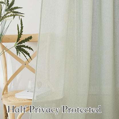 RYB HOME Semi Sheer Linen Curtains Extra Wide Curtains 108" Length, Linen Blend Elegant Light Filtering Privacy Protected Panels for Farmhouse/Living Room, Sage Green, 52" W x 108" L, 2 Panels
