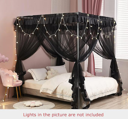 Mengersi Black Bed Canopy, 4 Corner Post Bed Canopy Curtains, Quick and Easy Installation for King Size Beds