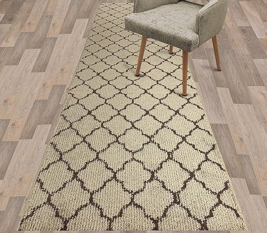 Custom Size Modern Runner Rug Carpet for Hallway Entryway Foyer Kitchen, Slip Resistant Latex Rubber Backed 31 inch Wide X Customized Length, Trellis Beige, 31 inch X 21 feet