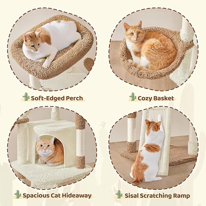 Yaheetech Cactus Cat Tree, 42in Cat Tower for Indoor Cats, Multi Level Kitten Condo Scratching Post, Pet Activity Center Furniture w/Ball, Plush Perch, Platform, Basket, Beige/Brown-Mewly Pet