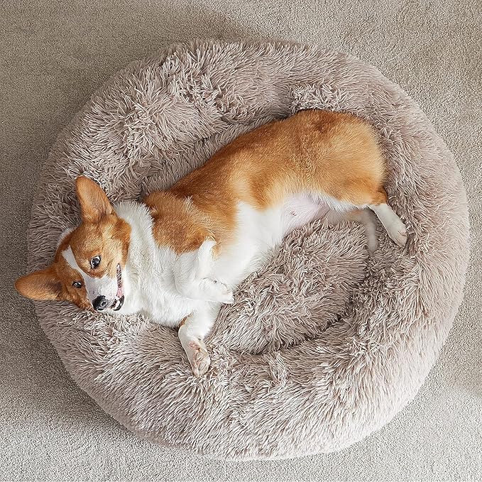 WNPETHOME Calming Dog Beds for Large Dogs, Anti-Anxiety Donut Large Pet Bed, Fluffy Faux Fur Plush Dog Bed，Warming Cozy Soft Round Lagre Dogs Bed for Pet, Cat Cuddler Cushion Bed-Mewly Pet