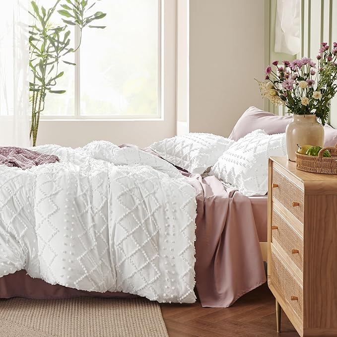 Bedsure Full Comforter Set - Dusty Blue Comforter, Boho Tufted Shabby Chic Bedding for Kids, 3 Pieces Vintage Farmhouse Bed Set for All Seasons, Fluffy Soft Bedding with 2 Pillow Shams