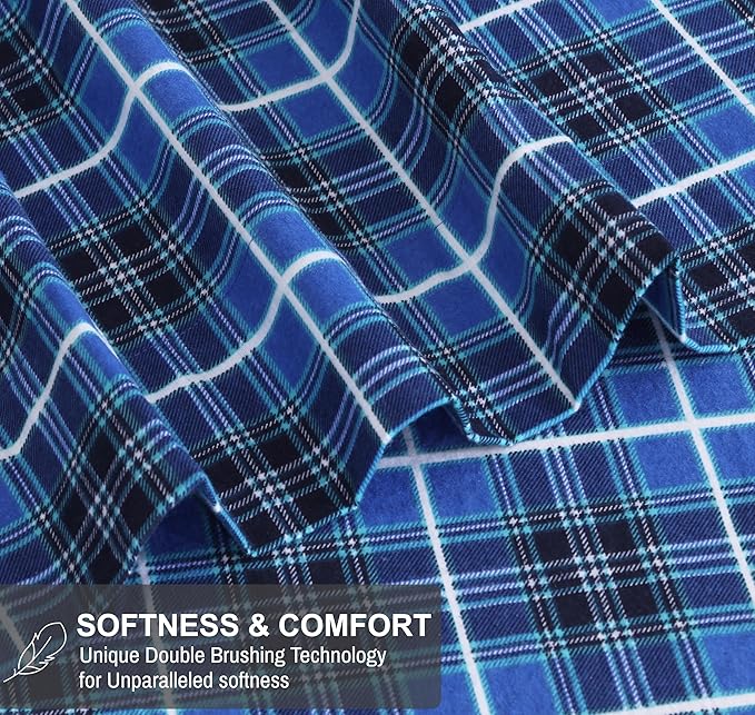 RUVANTI Flannel Sheets Queen Size - 100% Cotton Double Brushed Bed Sheets, Deep Pockets 16 Inches Queen Sheet Set, All Seasons Breathable & Extra Soft - Warm & Cozy, 4 Piece, Blue Plaid