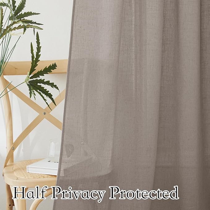 RYB HOME Sheer Curtains 95 inches Long - Linen Texture Semi Sheer Draperies Light Airy Breezy Window Decor for Sun Room Hotel Office Dorm Open House Bedroom, Birch Brown, W 52 x L 95, 2 Pcs