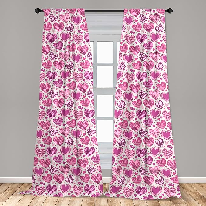 Ambesonne Valentines Window Curtains, Romantic Heart Shapes with Many Different Designs Polka Dots Crossed Lines, Lightweight Decorative Panels Set of 2 with Rod Pocket, 56" x 63", Pink White