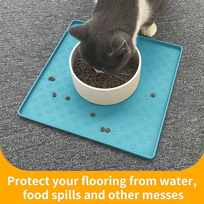 Ptlom Dog Food Mat Anti-Slip Bowl Mats for Food and Water, Waterproof Silicone Pet Placemat with High Raised Edges, Non-Slip Puppy Feeding Tray for Small, Medium Large Cats Dogs, Blue, 11.8"x11.8"-Mewly Pet
