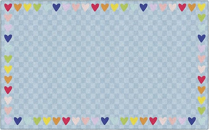 Flagship Carpets Schoolgirl Style Blue with Rainbow Hearts Border Educational Area Rug for Kids Room Seating Décor, Children's Classroom, Play Carpet for Teaching and Playroom, 7'6" x 12', Blue