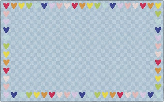 Flagship Carpets Schoolgirl Style Blue with Rainbow Hearts Border Educational Area Rug for Kids Room Seating Décor, Children's Classroom, Play Carpet for Teaching and Playroom, 7'6" x 12', Blue