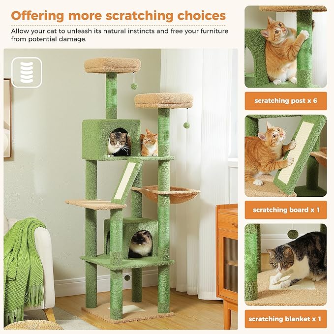 PAWZ Road 70 Inch Cat Tower, Cactus Cat Tree with 2 Cozy Condos, 2 Plush Perch, Large Basket, 2 Scraching Pad & 6 Scraching Posts for Indoor Cats Large Adult-Mewly Pet