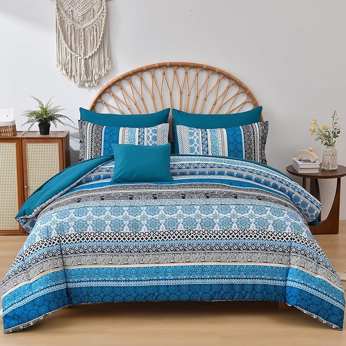 Cottolester Boho Comforter Set Queen Size,8 Pieces Teal Blue Bohemian Striped Bed in a Bag,Paisley Soft Microfiber Bedding Comforter Set