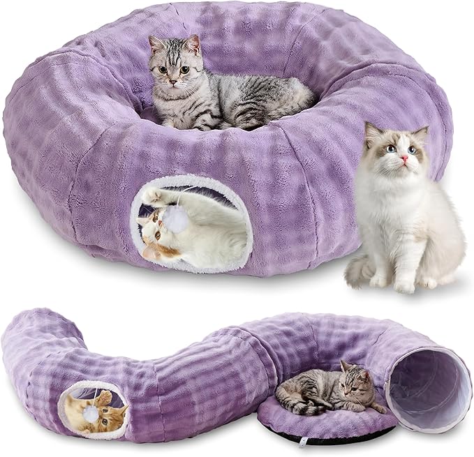Bubble Cat Tunnel for Indoor Cats, Round Peekaboo Cave Toy with Dangling Balls, Donut Tunnel Bed with Circle Mat for Puppy Kitten Rabbit, Dusty Purple-Mewly Pet