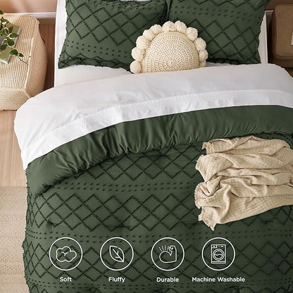 Bedsure King Comforter Set - Olive Green Comforter, Boho Tufted Shabby Chic Bedding for Kids, 3 Pieces Vintage Farmhouse Bed Set for All Seasons, Fluffy Soft Bedding with 2 Pillow Shams