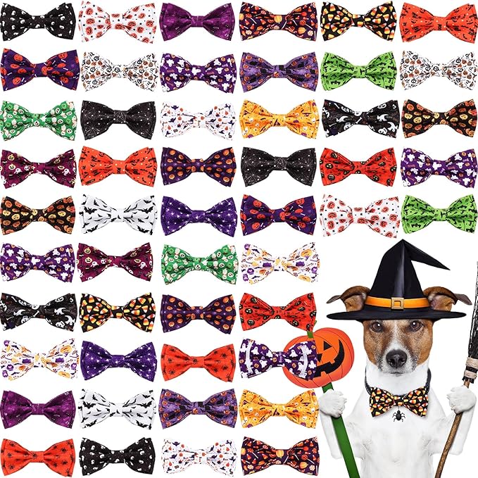 Hillban 50 Pieces Halloween Collar Dog Bow Ties Accessories for Dogs Bow Ties Attachment with Elastic Bands Dog Collar Detachable Charms for Halloween Dogs Collar Accessories-Mewly Pet