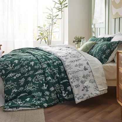 Bedsure Full Comforter Set - Emerald Bed Set, 3 Pieces Cute Floral Bedding, 1 Soft Reversible Botanical Flowers Comforter and 2 Pillow Shams