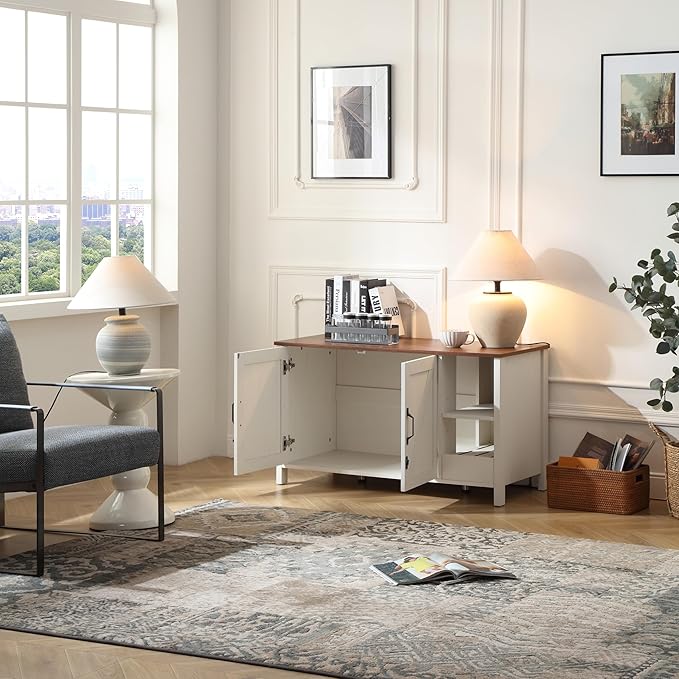 41.3'' Cat Litter Enclosure,Adjustable Shelf for Dog Proof and Storage,Locks Added for Cat, Litter Collector,Small Indoor Cat House,Antique White-Mewly Pet