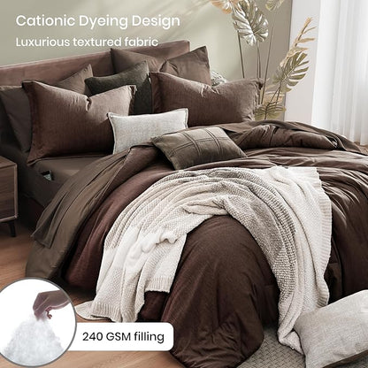 Monbix Full Size Comforter Set, Chocolate Brown Bedding Comforter for Full Size Bed Set Reversible, Bedding Sets Full 7 Pieces, Cationic Dyeing Bed in a Bag with Comforter, Sheets, Pillowcases & Shams