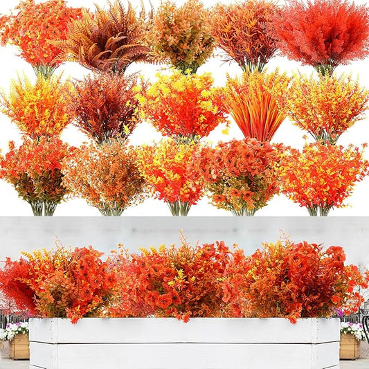 Mimorou 60 Bundle Fall Artificial Flowers Outdoor UV Resistant Autumn Orange Fake Plants Flowers Faux Plastic Greenery Decoration Shrub for Wedding Window Box Home Porch Fireplace Thanksgiving