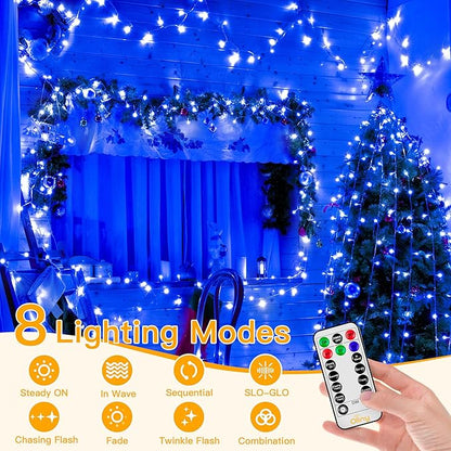 Ollny Blue Christmas Lights Waterproof, 400LED 131FT String Lights with Remote 3 Timer, Plug in 8 Modes Fairy Light for House Xmas Tree Bedroom Indoor Outside Decorations