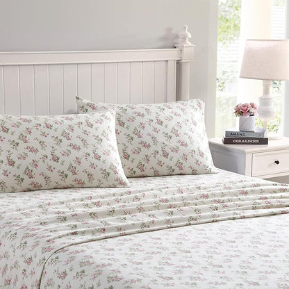 Laura Ashley Home Collection Premium Ultra Soft Cozy Lightweight Cotton Flannel Bedding Sheet Set, Wrinkle, Anti-Fade, Stain Resistant & Hypoallergenic, King, Audrey Pink (201593)