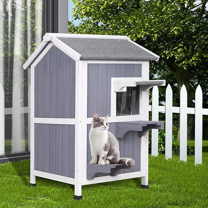 GEGURI Outdoor Cat House Weatherproof, Wooden Two-Story Feral Cat Shelter with Openable Roof, Escape Door, Balcony-Mewly Pet
