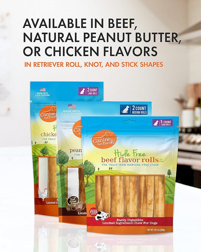 Canine Naturals Beef Chew - Rawhide Free Dog Treats - Made with Real Beef - Poultry Free Recipe - All-Natural and Easily Digestible - 5 Pack of 7 Inch Large Rolls for Dogs 50-75lb-Mewly Pet