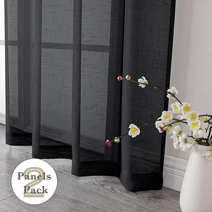Aiyufeng Kirei Black Sheer Curtains 96 Inches Long 2 Panels, Faux Linen Slub Textured Light Filtering Soft Airy Rod Pocket Curtain Drapes for Farmhouse Living Room Bedroom, Each 40Wx96L Inch