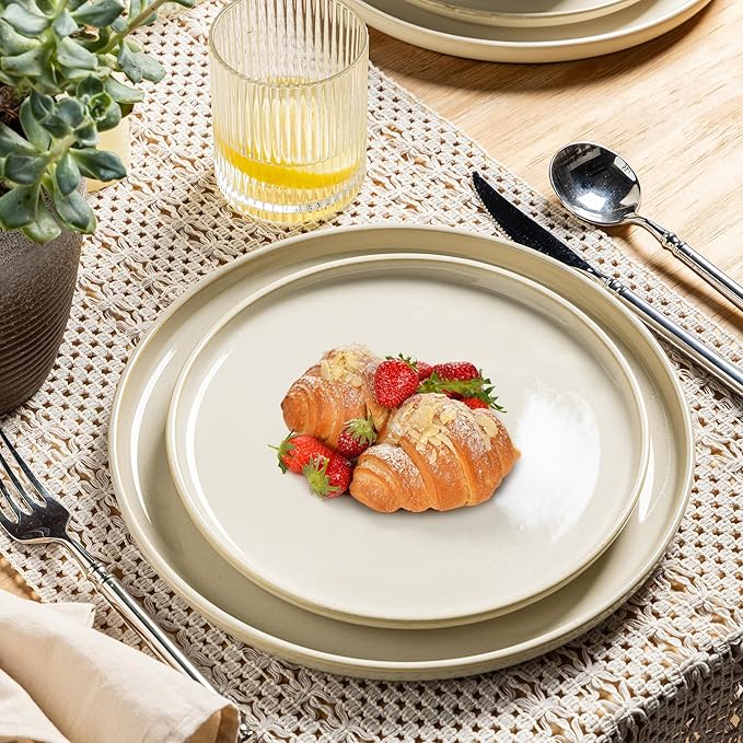 GBHOME Ceramic Dinnerware Sets for 4, 12 Pieces Stoneware Plates and Bowls Sets, Scratch Resistant Dishes, Dishwasher & Microwave Safe, Reactive Glaze-Vanilla color-Mewly Pet