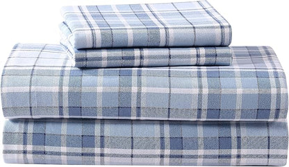 Laura Ashley - Flannel Sheets Full Size, Anti-Pilling & Wrinkle Resistant Cotton, Touchably Soft for All-Season Comfort - Bed Sheets with Matching Pillowcases & Fitted Sheet (Mulholland Plaid Blue)