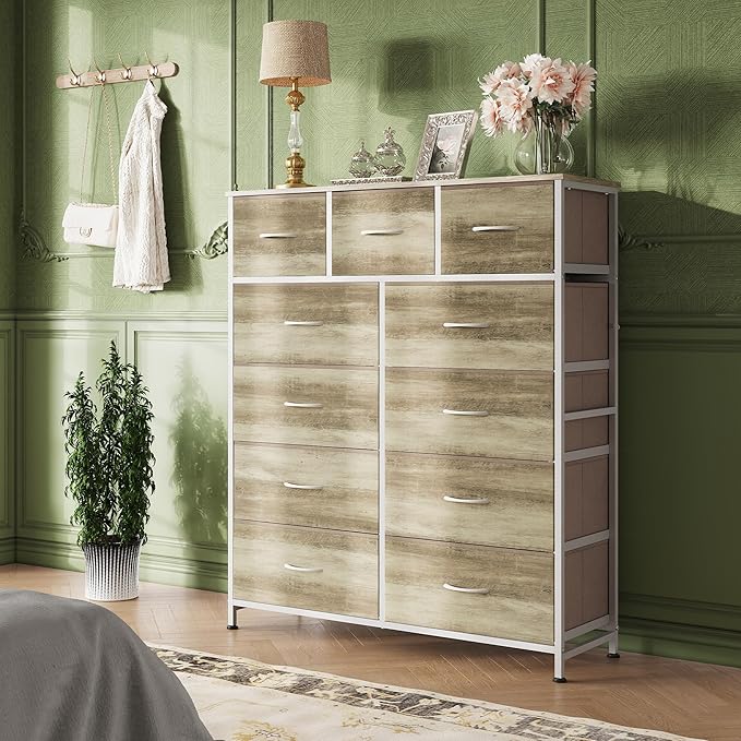 WLIVE Storage Organizer Unit with 11 Fabric Bins, Storage Drawers Organizer with Steel Frame, Tall Storage Tower Organizaton for Living Room, Hallway, Office, Greige