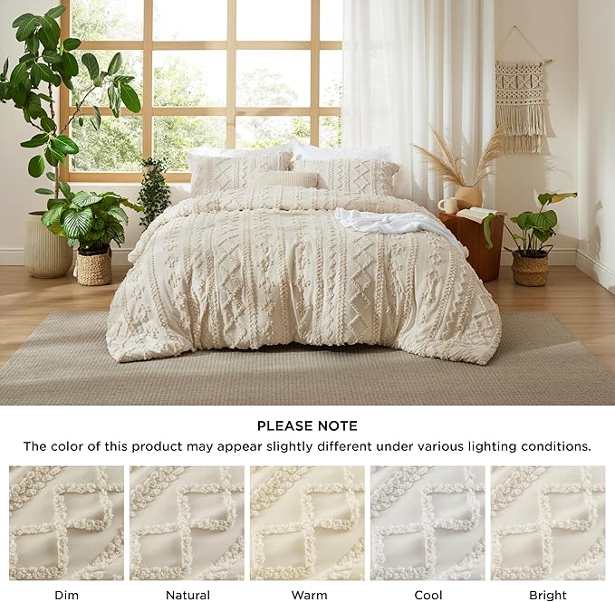 Bedsure Tufted Boho Comforter Set Queen Size - Beige Boho Bed Set, GentleSoft™ 3 Pieces Farmhouse Shabby Chic Embroidery Bedding, Gifts for Woman, Soft Jacquard Queen Comforter for All Seasons