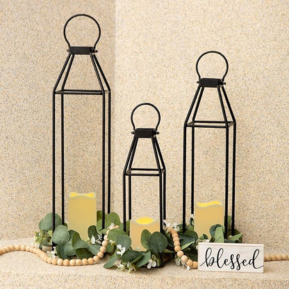 Perfnique Set of 3 Black Metal Lanterns w/ Waterproof Flickering Flameless Candle & Remote Timer, Modern Farmhouse Lanterns Decorative for Outdoor, Front Porch, Indoor, Patio, Garden, Fireplace