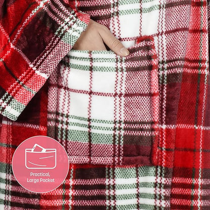 Catalonia Wearable Fleece Blanket with Sleeves and Foot Pockets for Adult Women Men, Micro Plush Comfy Wrap Sleeved Throw Blanket Robe Large, Red Plaid