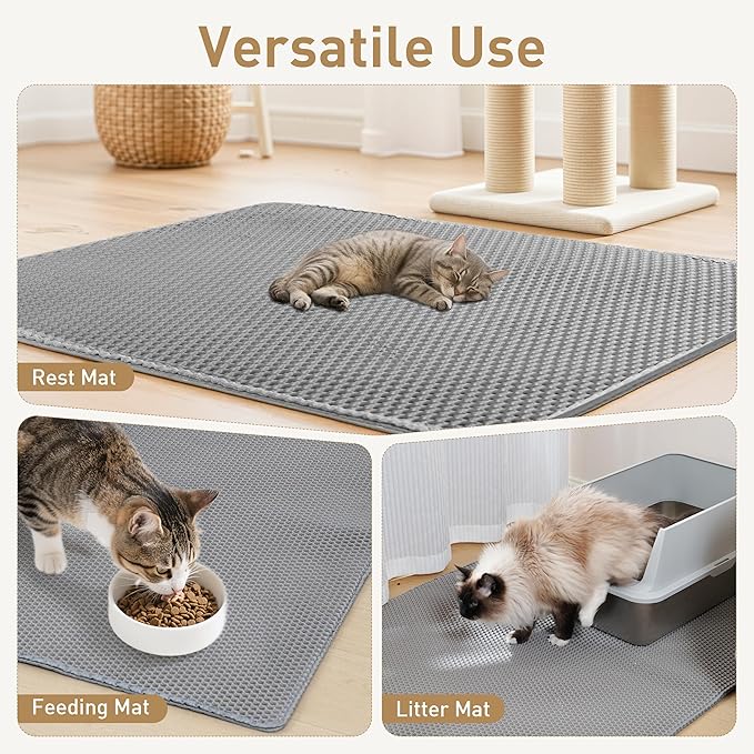 Large Cat Litter Mat for Litter Box, 47"×27.5" Double Layer Trapping Mat, Non-Slip Water Proof Kitty Litter Pad, Grey-Mewly Pet