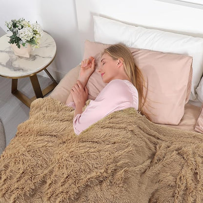 Tuddrom Decorative Extra Soft Faux Fur Blanket Twin Size,Solid Reversible Fuzzy Lightweight Long Hair Shaggy Blanket,Fluffy Plush Fleece Comfy Microfiber Throw Blanket for Couch Sofa Bed,Camel