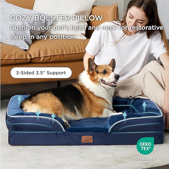 Bedsure Orthopedic Dog Beds Large Sized Dog - Washable Large Dog Cat Bed Waterproof, Comfort Dogs Couch Sofa with Washable Removable Cover, Pet Bed with Nonskid Bottom, Blue Navy, 35"-Mewly Pet