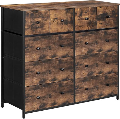 SONGMICS10 Drawers Wide Dresser, 10 Drawers 10-Drawer Dresser Storage Tower, Metal Frame, Wooden Top and Front, Fabric Drawers, 10 Drawers Brown and Black ULGS145B01