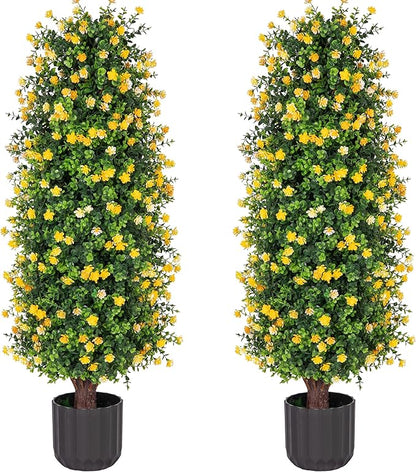 Sunnyglade 2 Packs Artificial Rose Tree 3FT- Fake Floral Plant Tree in Pot- Decorative Topiary Plant - Cement Filled Potted Faux Flower Plant for Home Office Porch Decor Indoor Outdoor(Yellow)