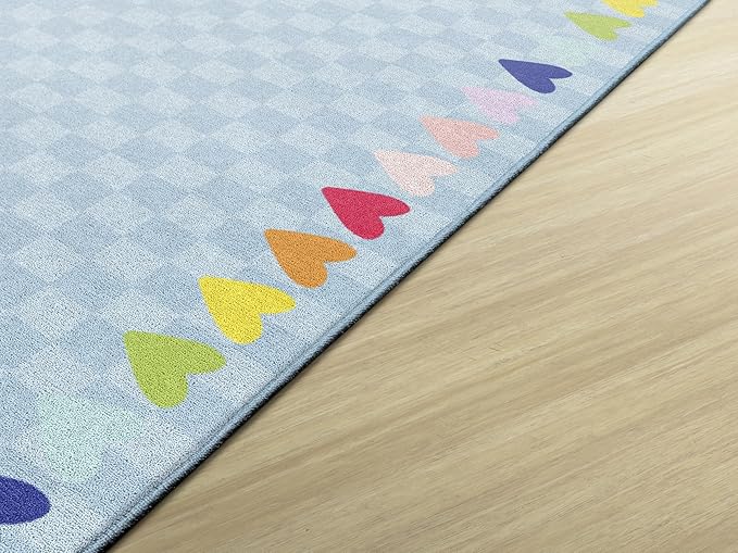Flagship Carpets Schoolgirl Style Blue with Rainbow Hearts Border Educational Area Rug for Kids Room Seating Décor, Children's Classroom, Play Carpet for Teaching and Playroom, 5' x 7'6", Blue