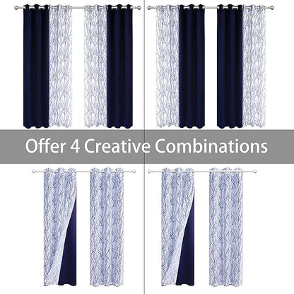 BONZER Mix and Match Curtains - 2 Pieces Branch Print Sheer Curtains and 2 Pieces Blackout Curtains for Bedroom Living Room Grommet Window Drapes, 37x84 Inch/Panel, Indigo, Set of 4 Panels