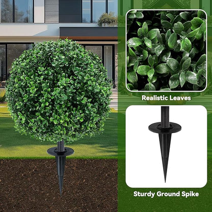 Artificial Boxwood Topiary Ball Trees with Ground Spikes UV Resistant Faux Greenery Shrubs Fake Shrubs for Outdoors, Realistic Faux Plants Bushes for Garden Porch Yard Patio Decor (Green Boxwood)