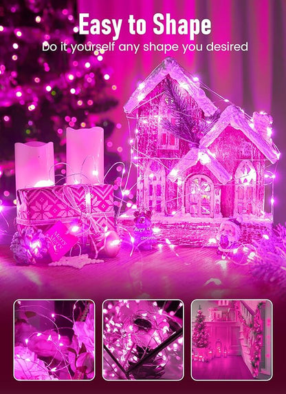 Minetom Fairy Lights Battery Operated, 2Pack 33Feet 100 LEDs Mini Battery Powered String Lights, Waterproof Twinkle Lights Mason Jar Lights for Indoor Home Wedding Christmas Decoration, Pink