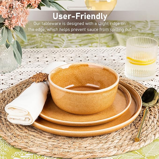 GBHOME Ceramic Dinnerware Sets for 4, 12 Pieces Stoneware Plates and Bowls Sets, Scratch Resistant Dishes, Dishwasher & Microwave Safe, Reactive Glaze-Amber-Mewly Pet